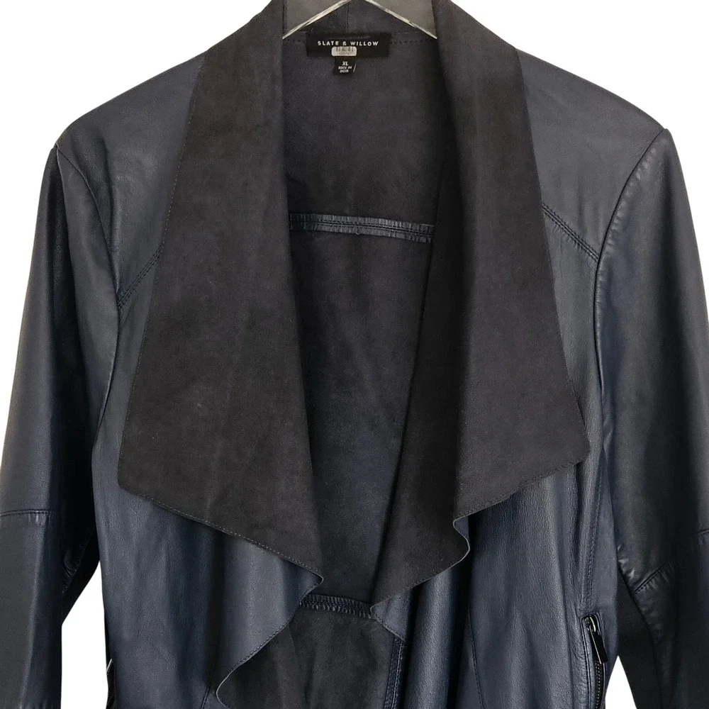 Slate & Willow Genuine Leather Drape Moto Jacket XL Open Front Navy Blue